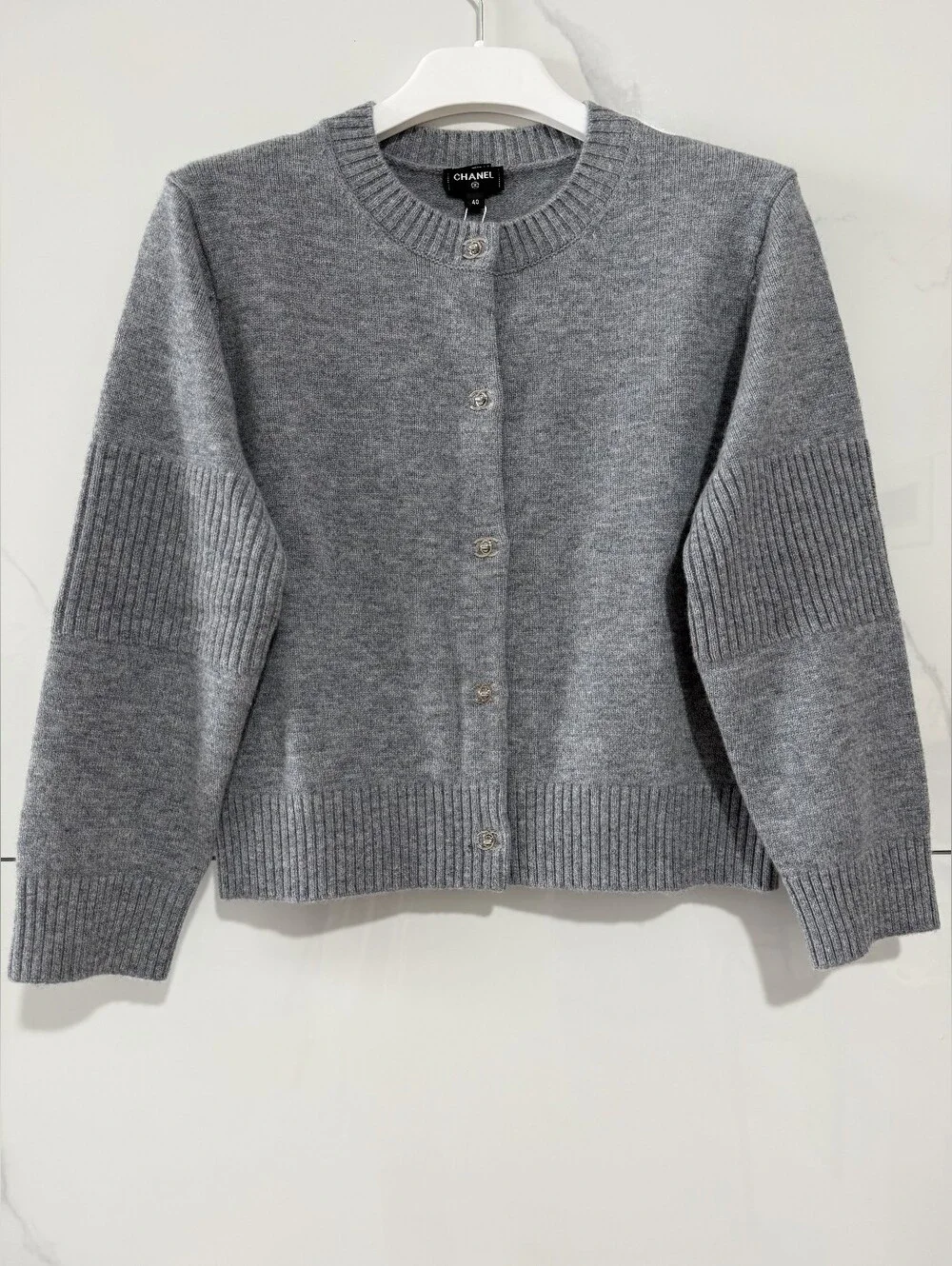 Chanel Gray Crewneck Cashmere Blend Cardigan Sweater